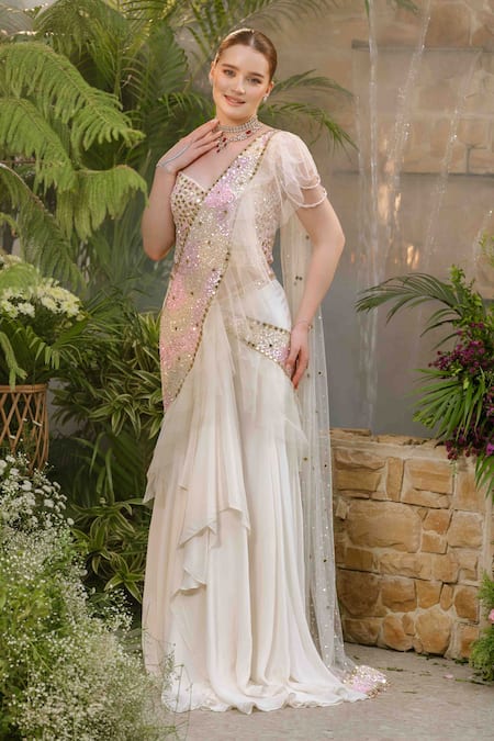 Shop_Tamaraa By Tahani_Ivory Net, Silk, Crepe Crystals, Aalaya Flow Pre-draped Saree With Corset 