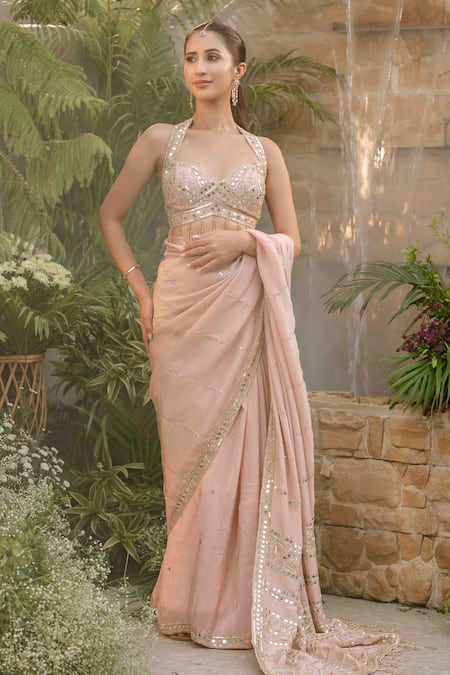 Buy_Tamaraa By Tahani_Blush Silk, Tissue Crystals, Sequins, Beads, Emilia Rose Saree With Blouse _Online_at_Aza_Fashions