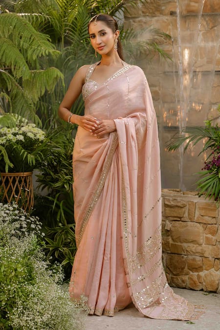 Tamaraa By Tahani Blush Silk, Tissue Crystals, Sequins, Beads, Emilia Rose Saree With Blouse