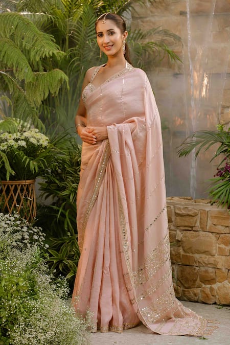 Tamaraa By Tahani_Blush Silk, Tissue Crystals, Sequins, Beads, Emilia Rose Saree With Blouse _at_Aza_Fashions
