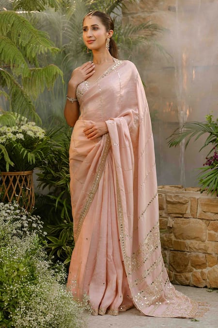 Buy_Tamaraa By Tahani_Blush Silk, Tissue Crystals, Sequins, Beads, Emilia Rose Saree With Blouse 