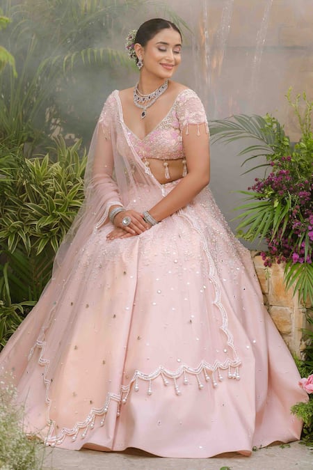 Tamaraa By Tahani_Blush Taffeta, Silk, Tulle Pearls, Sequins, Beads, Roselle Lehenga Set _Online_at_Aza_Fashions