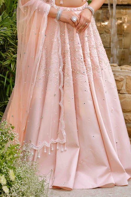 Buy_Tamaraa By Tahani_Blush Taffeta, Silk, Tulle Pearls, Sequins, Beads, Roselle Lehenga Set _Online_at_Aza_Fashions