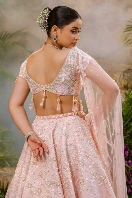 Tamaraa By Tahani_Blush Taffeta, Silk, Tulle Pearls, Sequins, Beads, Roselle Lehenga Set _at_Aza_Fashions