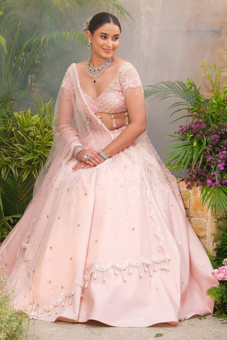 Buy_Tamaraa By Tahani_Blush Taffeta, Silk, Tulle Pearls, Sequins, Beads, Roselle Lehenga Set 