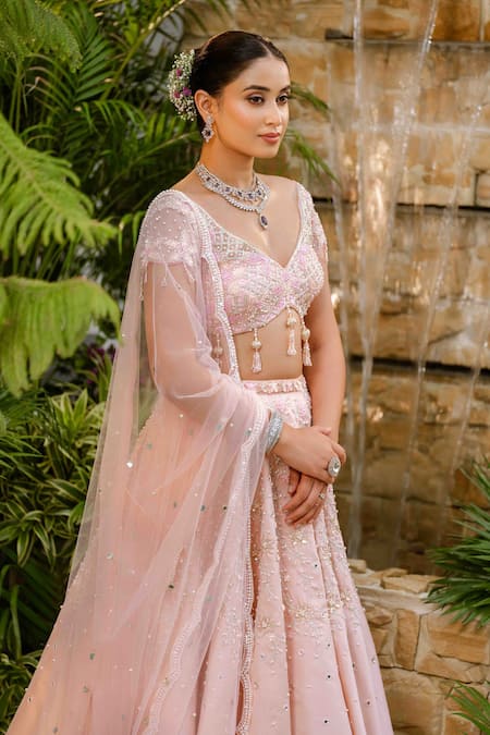 Shop_Tamaraa By Tahani_Blush Taffeta, Silk, Tulle Pearls, Sequins, Beads, Roselle Lehenga Set 