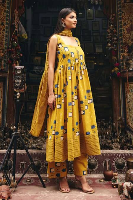 Gulabo Jaipur Mustard Cambric, Cotton Square Neck Bhumi Anarkali Set