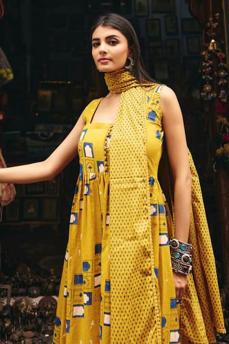 Shop_Gulabo Jaipur_Mustard Cambric, Cotton Square Neck Bhumi Anarkali Set _Online_at_Aza_Fashions