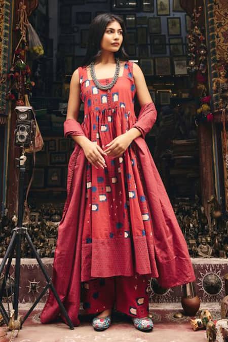 Gulabo Jaipur Red Cambric, Cotton Square Neck Bhumi Anarkali Set