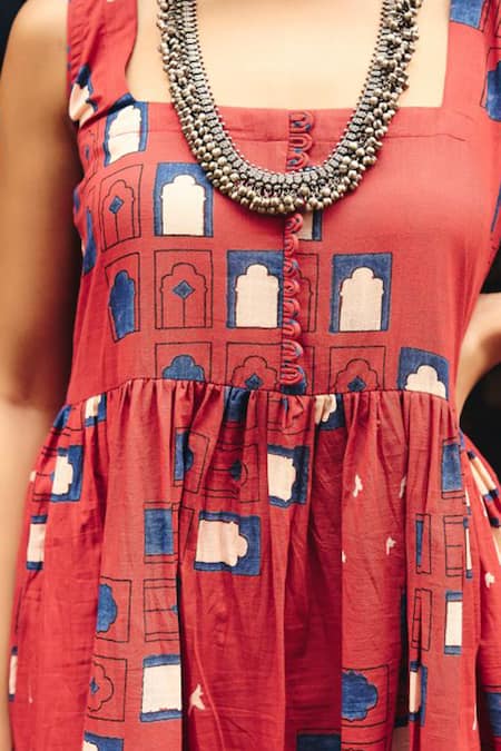 Shop_Gulabo Jaipur_Red Cambric, Cotton Square Neck Bhumi Anarkali Set _Online_at_Aza_Fashions