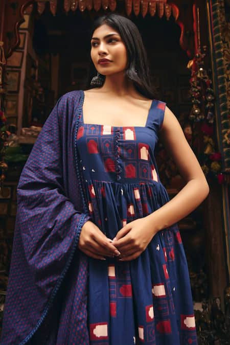 Gulabo Jaipur_Blue Cambric, Cotton Embroidery Square Neck Bhumi Anarkali Set _Online_at_Aza_Fashions