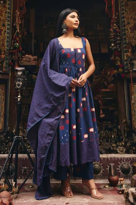 Buy_Gulabo Jaipur_Blue Cambric, Cotton Embroidery Square Neck Bhumi Anarkali Set _Online_at_Aza_Fashions