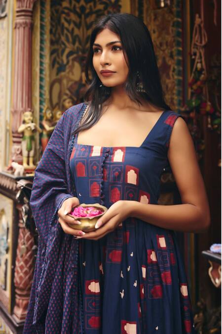 Shop_Gulabo Jaipur_Blue Cambric, Cotton Embroidery Square Neck Bhumi Anarkali Set _Online_at_Aza_Fashions