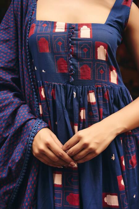 Gulabo Jaipur_Blue Cambric, Cotton Embroidery Square Neck Bhumi Anarkali Set _at_Aza_Fashions