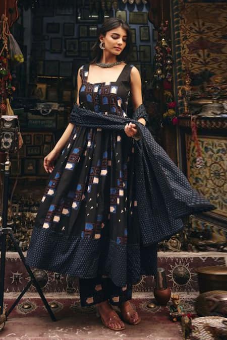 Gulabo Jaipur Black Cambric, Cotton Square Neck Bhumi Anarkali Set