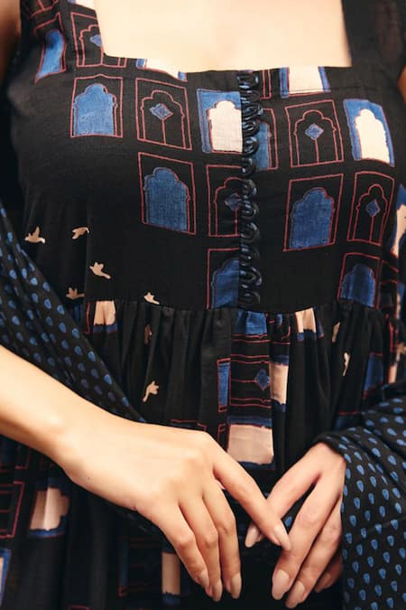 Shop Gulabo Jaipur Black Cambric, Cotton Square Neck Bhumi Anarkali Set Online at Aza Fashions Shop_Gulabo Jaipur_Black Cambric, Cotton Square Neck Bhumi Anarkali Set _Online_at_Aza_Fashions