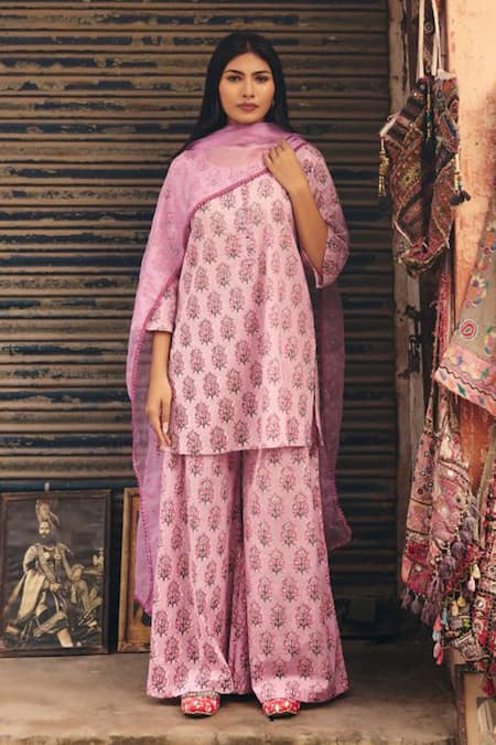 Buy_Gulabo Jaipur_Purple Cambric, Cotton Embroidery Round Neck Fiza Straight Kurta Set_Online_at_Aza_Fashions