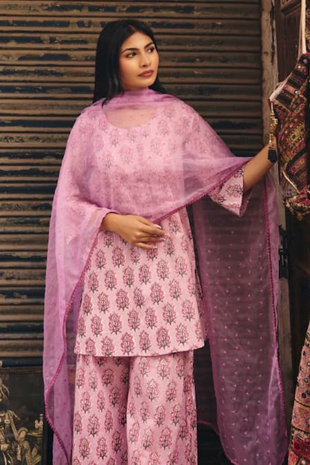 Shop_Gulabo Jaipur_Purple Cambric, Cotton Embroidery Round Neck Fiza Straight Kurta Set_Online_at_Aza_Fashions