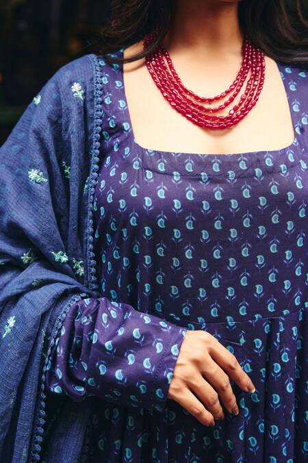 Buy_Gulabo Jaipur_Blue Cambric, Cotton Square Neck Umrao Anarkali Set_Online_at_Aza_Fashions