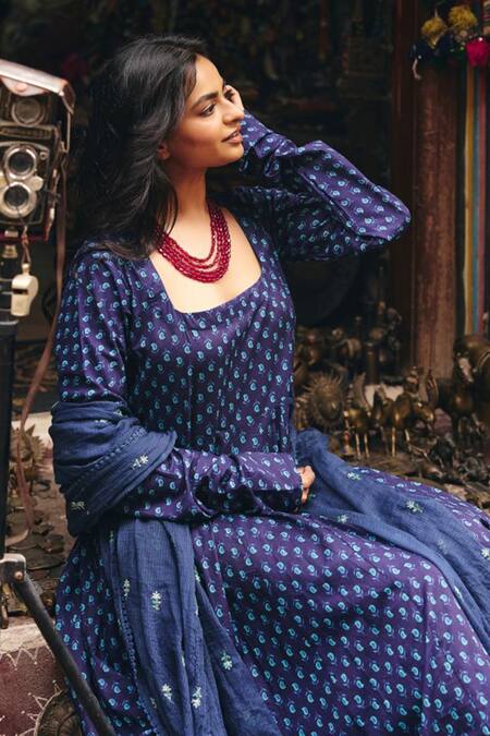 Shop_Gulabo Jaipur_Blue Cambric, Cotton Square Neck Umrao Anarkali Set_Online_at_Aza_Fashions