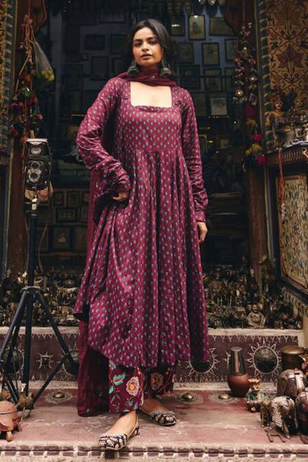 Gulabo Jaipur_Wine Cambric, Cotton Embroidery Square Neck Umrao Anarkali Set_Online_at_Aza_Fashions