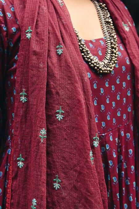 Buy_Gulabo Jaipur_Wine Cambric, Cotton Embroidery Square Neck Umrao Anarkali Set_Online_at_Aza_Fashions