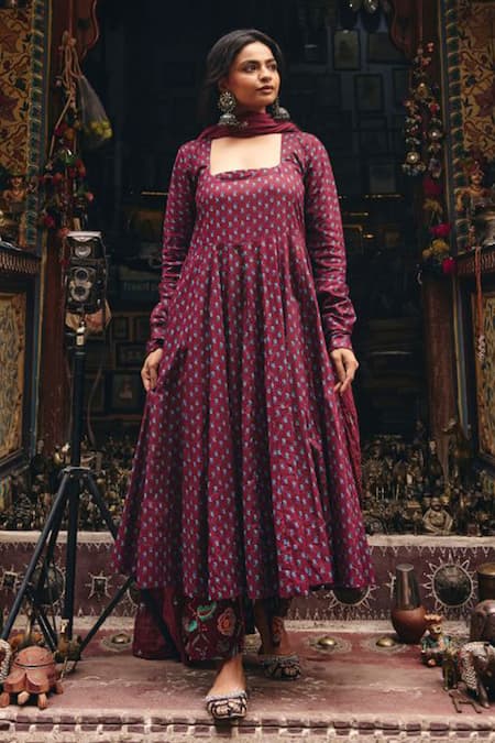 Gulabo Jaipur Wine Cambric, Cotton Embroidery Square Neck Umrao Anarkali Set
