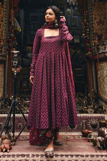 Shop_Gulabo Jaipur_Wine Cambric, Cotton Embroidery Square Neck Umrao Anarkali Set_Online_at_Aza_Fashions