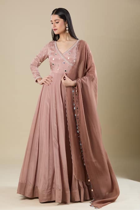 Buy Samyukta Singhania Brown Chinon Mirrors V-neck Work Anarkali Set Buy_Samyukta Singhania_Brown Chinon Mirrors V-neck Work Anarkali Set