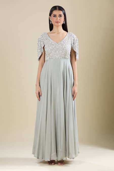 Buy Samyukta Singhania Gray Chinon Embroidery V-neck Grey Cut Dana Gown Buy_Samyukta Singhania_Gray Chinon Embroidery V-neck Grey Cut Dana Gown