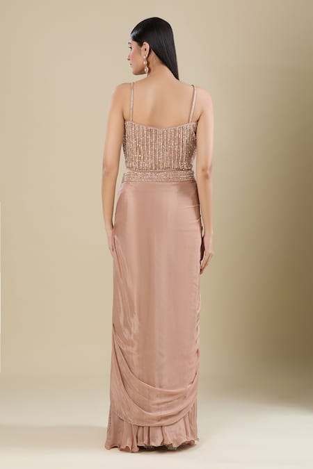 Shop_Samyukta Singhania_Brown Chinon Sequins Scoop Neck Cut Dana Embroidered Lehenga Set _at_Aza_Fashions