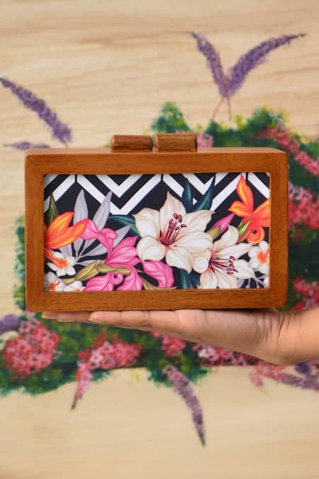 Shop Nazaakat By Samara Singh Gold Multicolor Mango Wood Clutch at Aza Fashions Shop_Nazaakat By Samara Singh_Gold Multicolor Mango Wood Clutch _at_Aza_Fashions