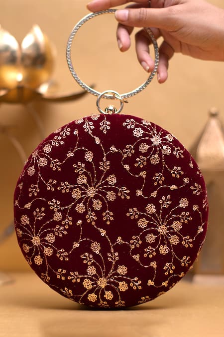 Nazaakat By Samara Singh Maroon Embroidery Sequin Clutch Purse