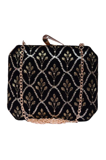 Nazaakat By Samara Singh Black Sequin Embroidered Clutch Purse 