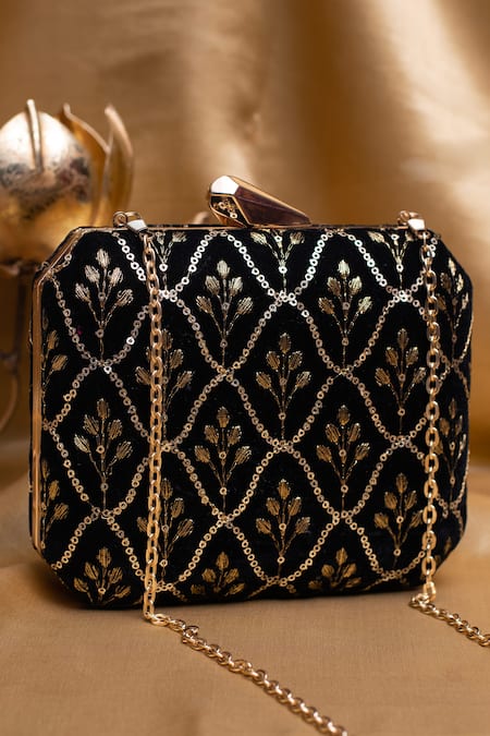 Nazaakat By Samara Singh Black Sequin Embroidered Clutch Purse 