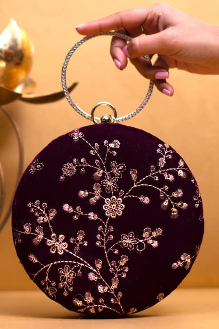 Nazaakat By Samara Singh Dark Maroon Embroidered Clutch Purse 