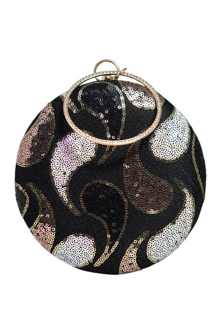 Shop_Nazaakat By Samara Singh_Black Sequins Embellished Round Clutch Purse _Online_at_Aza_Fashions