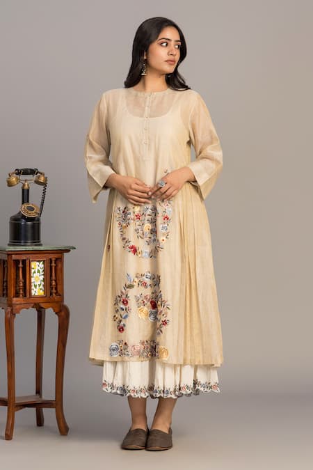 Prama By Pratima Pandey Gold Chanderi, Tissue Embroidery Round Neck Light Tunic 