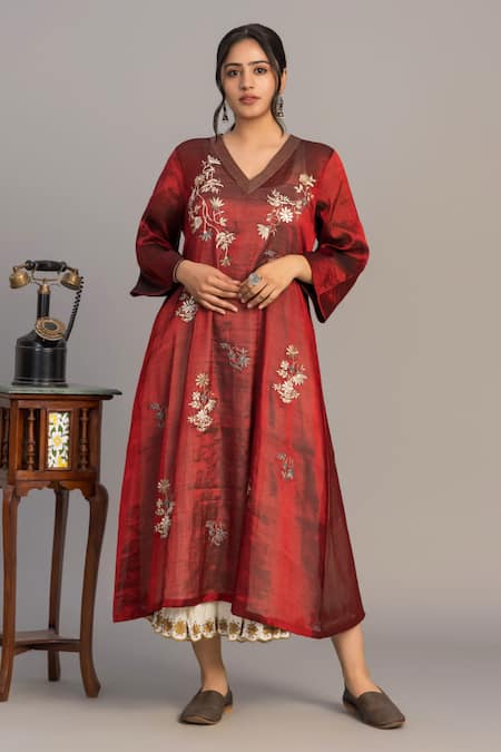 Prama By Pratima Pandey Wine Chanderi, Tissue Embroidery V-neck Red Tunic 