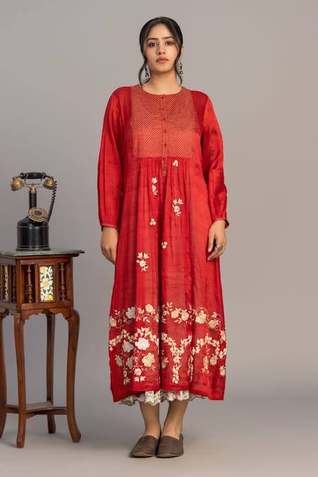 Prama By Pratima Pandey Red Tissue, Chanderi Embroidery Round Neck Tunic 