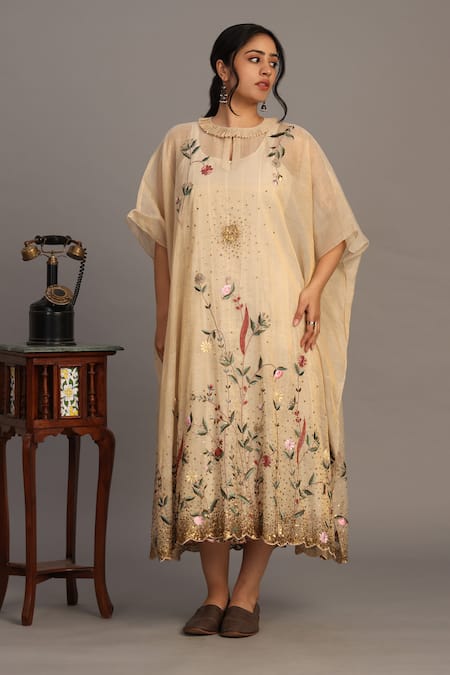 Prama By Pratima Pandey_Gold Chanderi, Tissue Embroidery Round Neck Light Tunic _Online_at_Aza_Fashions