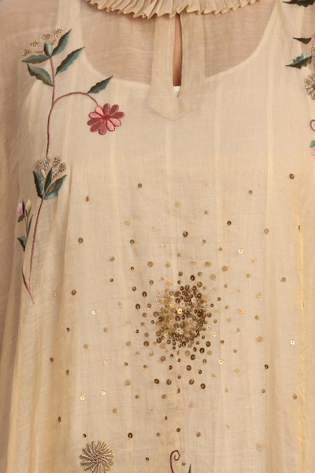 Buy_Prama By Pratima Pandey_Gold Chanderi, Tissue Embroidery Round Neck Light Tunic _Online_at_Aza_Fashions