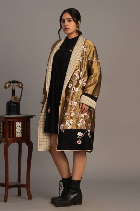 Prama By Pratima Pandey_Gold Chanderi, Tissue Embroidery Open Neck Jacket _Online_at_Aza_Fashions