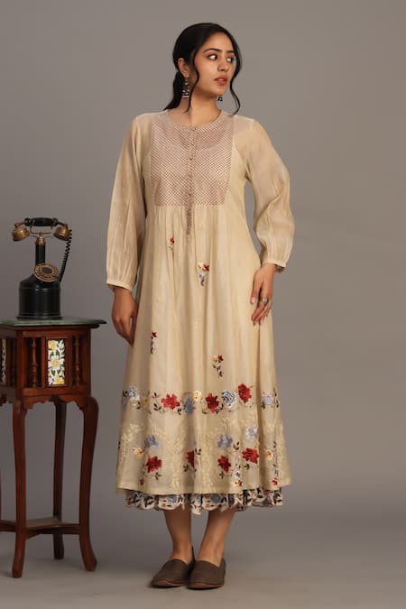 Prama By Pratima Pandey Gold Chanderi, Tissue Embroidery Round Neck Light Tunic 