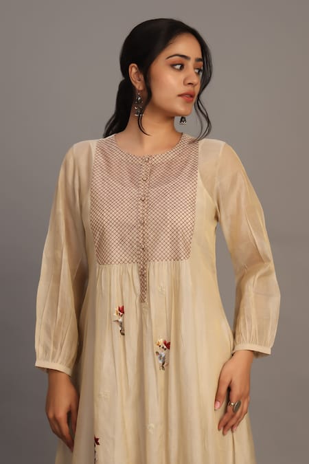Shop_Prama By Pratima Pandey_Gold Chanderi, Tissue Embroidery Round Neck Light Tunic _Online_at_Aza_Fashions