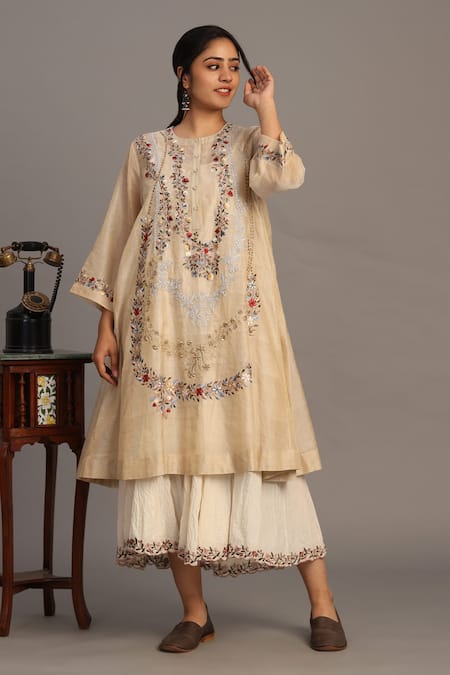 Prama By Pratima Pandey Gold Chanderi, Tissue Embroidery Round Neck Light Tunic 