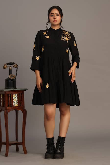 Prama By Pratima Pandey Black Georgette Embroidery Round Neck Dress 