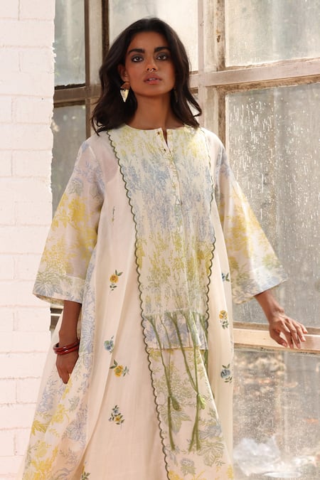 Prama By Pratima Pandey Ivory Chanderi Embroidery Round Neck Floral Tunic Online at Aza Fashions Prama By Pratima Pandey_Ivory Chanderi Embroidery Round Neck Floral Tunic _Online_at_Aza_Fashions