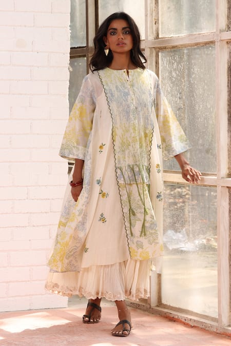 Prama By Pratima Pandey Ivory Chanderi Embroidery Round Neck Floral Tunic