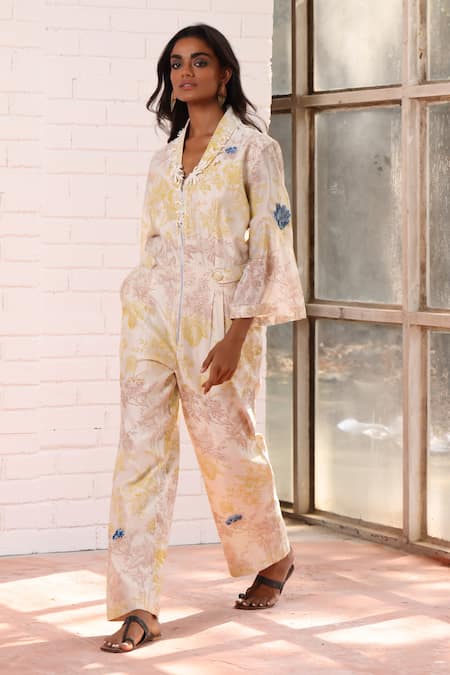 Prama By Pratima Pandey Ivory Chanderi Embroidery Mandarin Collar Floral Print Jumpsuit 